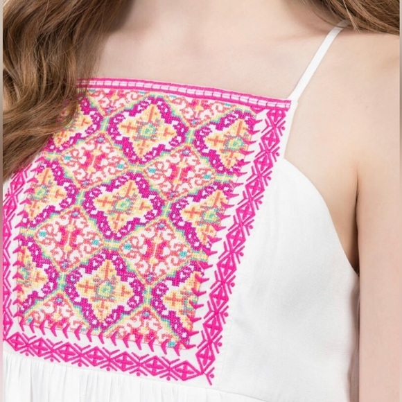 MIAMI Sadie Embroidered Shift Dress Empire Waist Pom-Pom Hem Francesca’s - Picture 4 of 8